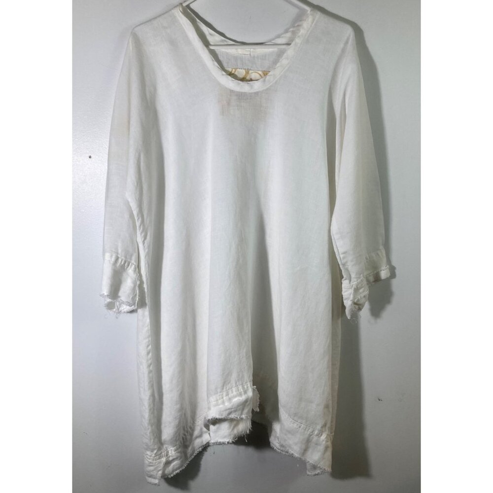 Womens Tina Givens Lagenlook Tunic Top‎ Dress Frayed Asymmetrical Hem White SM